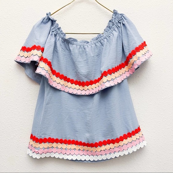Entro Light Blue Polka Dot Trim Off Shoulder Tiered Blouse Top Size Small - Picture 3 of 9